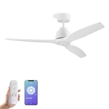 YOEVU Ventilador de techo, 132 cm, blanco, 30W, 3 aspas, motor DC silencioso, 6 velocidades, mando y WiFi, compatible con Alexa y app, control inteligente y eficiencia energética