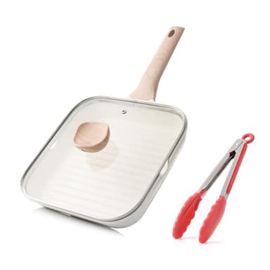 Kordisen Sartén parrilla antiadherente con tapa, cuadrada 24 cm inducción, sartén de carne con revestimiento saludable y boquillas de vertido, plancha para cocina interior, blanco