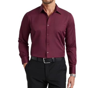 Enlision Camisa Burdeos Hombre Elastica Sin Plancha Manga Larga Camisas Antiarrugas Cuello con Botones Ajuste Regular Traje Negocios Boda con Bolsillo XL