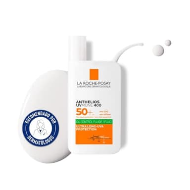 La Roche Posay Fluido Invisible, Protector Solar con SPF50+, Efecto Matificante 24 Horas, Resistente al Agua, Sudor y Arena, Fórmula con Mexoryl 400, Anthelios UV-MUNE 400 Oil Control, 50 ml