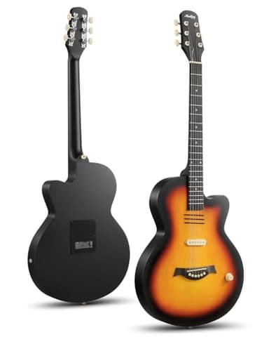 Moukey BCC-100 Guitarra electroacústica de 39 pulgadas con cutaway, pastilla pasiva, funda, correa, púas, afinador y cejilla, modo acústico y eléctrico, color Sunburst