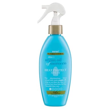 OGX Shine + Argan Oil of Morocco Spray Heat Protect (177 ml) protector térmico para el pelo con Aceite de argán de Marruecos, protector de calor hasta 230 °C, tratamiento hidratante para el cabello