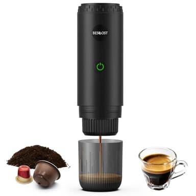 BESCOST Cafetera Portátil Capsulas Espresso 3 en 1, Maquina de Cafe Portatil Compatible con NESP y DG Cápsulas y Café Molido, Calefacción Automática para RV, Acampada, Senderismo, Oficina y Hogar