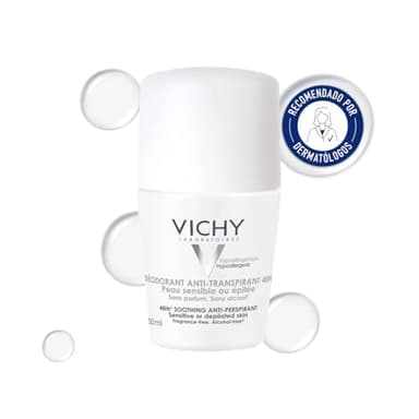 Vichy Desodorante en Formato Roll-On, Para Mujer, Antimarcas, Antitranspirante, Apto para Piel Sensible o Recién Depilada, Protección de hasta 48 Horas de Eficacia, Sin alcohol, Sin perfume, 50 ml