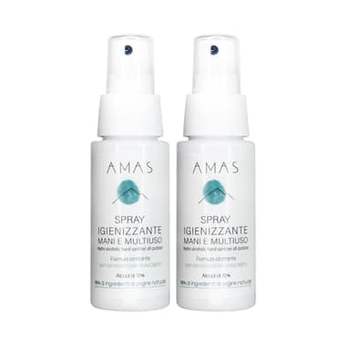 AMAS Spray DESINFECTANTE - 100% Hecho a Mano en Italia - 98% Origen Natural - Alcohol 70% - Hidratante y Emoliente - Con Aceite Esencial de Eucalipto 2x50ml