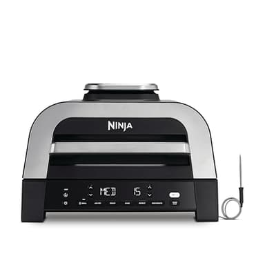 Ninja MAX 6 en 1 Freidora de aire y parrilla de interior, 6 funciones de cocción sin humo, cocina hasta 6 hamburguesas, capacidad de 3,8 l, incluye termómetro digital para carne, gris/plata, DG551EU