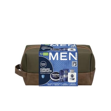 NIVEA MEN Pack Cuidado Completo Neceser, Set de regalo para hombre con crema facial (1 x 75 ml) crema hidratante todo el cuerpo (1 x 150 ml), bálsamo after shave (1 x 100 ml), desodorante (1 x 100 ml)