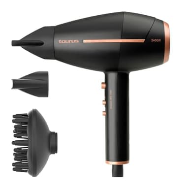 Taurus Shining 2400 Ionic, Secador de pelo iónico antiencrespamiento. Gama Pro Care. 2400W. 2 velocidades. 3 temperaturas. Diseño compacto. Aire frío. 2 concentradores y difusor