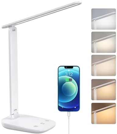 BSRANE Lámpara de escritorio LED plegable, 5 colores y atenuación continua, puerto USB de carga, control táctil, cuidado ocular, para estudio y lectura