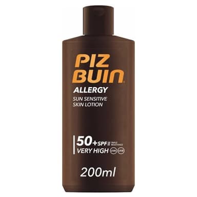 PIZ BUIN Allergy Sun Sensitive Skin Lotion FPS 50 (200 ml), protector solar corporal con FP50, protección solar muy alta para pieles sensibles, loción corporal con filtros UVA/UVB