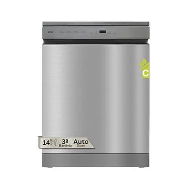 VOK Lavavajillas 60 cm 14 Cubiertos Inox – 3ª Bandeja, 8 Programas, 47 dB Silencioso, Apertura Automática, Aquastop, Cesta Ajustable – Eficiencia Energética C – Instalación Incluida