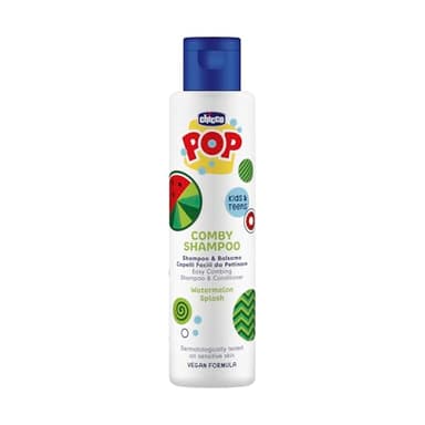 Chicco POP Champú y acondicionador Watermelon Splash, Aroma Sandía, champú y acondicionador de frutas, shampoo suave para niños, sin lágrimas, fórmula vegana, 250 ml