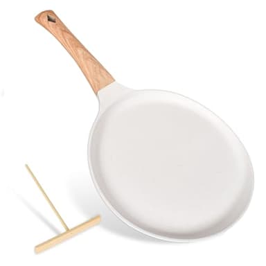 Sartén para Crepes 24cm con Distribuidor de Masa, Mango Extraíble, Sartén para Tortillas, Revestimiento piedra medica Antiadherente, Apto para Todo Tipo de Cocinas Incluida Inducción (Blanco)