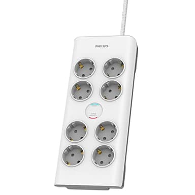 Philips SPN7080WA/10 - Regleta de 8 Enchufes Schuko, Enchufe Múltiple, Ladrón Alargador, Protección Infantil Sobretensión, Interruptor Encendido/Apagado, Cable 2 Metros - Color Blanco