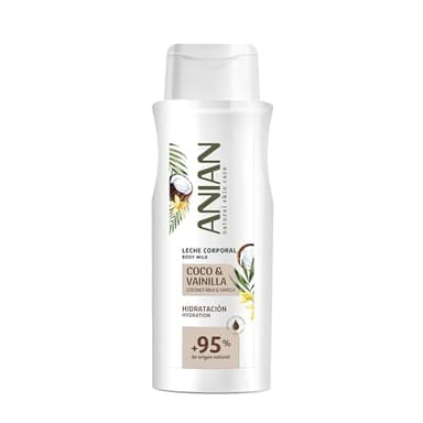 ANIAN - Leche Corporal Coco y Vainilla, 500 ml, con Manteca de Karité y Alantoína, Nutre e Hidrata sin Sensación Grasa, Aroma Dulce, Piel Suave y Tersa, +95% Ingredientes de Origen Natural