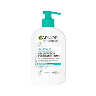 Garnier Skin Active, Pure Active Gel limpiador purificante suave, con Niacinamida, Acido Salicilico, Arcilla y Ceramida, elimina impuresas y protege la barrera cutanea
