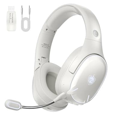 PHOINIKAS Cascos Gaming Inalámbricos para PC/PS5/PS4, Auriculares Gaming Inalámbricos de 2,4GHz USB Wireless+Bluetooth 5.3, Baja Latencia Calidad de Sonido 7.1 sin Pérdidas, 30+ Horas (Blanco)