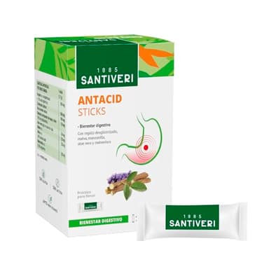 SANTIVERI - Antacid, Complemento Alimenticio a Base de Regaliz Desglicirrizado, Malva, Manzanilla, Aloe Vera y Malvavisco, con Azúcar y Edulcorante, Ayuda a la Digestión - 16 Sticks