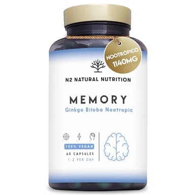 Nootropico Memoria, Concentración y Energía. 1140mg por Dosis de Ginkgo Biloba + Cafeina + Bacopa Monnieri. Pastillas concentracion estudiar con Vitamina B12 y B6. 60 Cápsulas. N2 Natural Nutrition