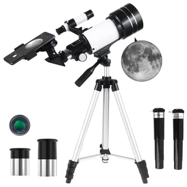 Misilmp Telescopio para Adultos, 70mm Apertura 300mm Telescopios para Principiantes Astronomía con Lentes, Visor, Trípode, Soporte Móvil, Portátil Refractor Telescopio para Niños & Adultos (Blanco)