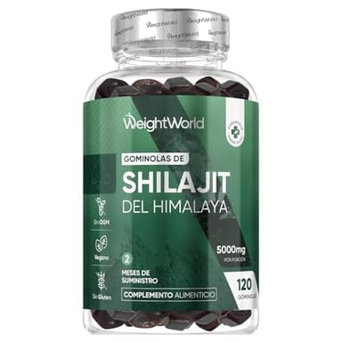 Shilajit Gummies - 120 Gominolas, 5000 mg de Shilajit Puro del Himalaya, Sabor Natural a Frambuesa y Arándano - Para 2 Meses, Con Potasio y Vitamina A, Veganas y Sin OGM