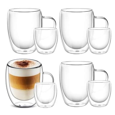 8 tazas de café y tazas de vidrio de pared doble, 4x350ml+4x80ml, tazas de capuchino con Latte Macchiato, resistente al calor, apto para lavavajillas, para bebidas calientes té helado de jugo de leche