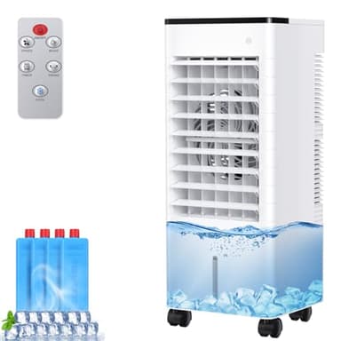 Aire Acondicionado Móvil Silencioso, 6L Refrigerador Aire Acondicionado Portátil Ahorro de Energía Ventilador Humidificador, 3 Velocidades/Modos, Control Remoto, 1-15H Temporizador para Casa Oficina