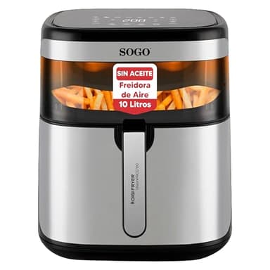 SOGO Freidora de Aire 10L sin Aceite con Pantalla LED Táctil - Air Fryer Digital con 10 Funciones Automáticas, Ventana de Visión, Cesta Cerámica y Accesorios Lavables - Cocina Saludable y Rápida