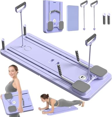 JINPALAY Tabla de Pilates Multifuncional con Bandas de Resistencia, Timer Digital y Accesorios – Plataforma Reformer Plegable para Entrenamiento en Casa – Soporta 200 kg (Morado)