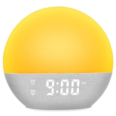 Ainiv Despertador Luz Amanecer, Duales Alarmas con 9 Minutos Repetición, Sunrise Alarm Clock 25 Sonidos para Dormir y Radio FM, 10+8 Colores Ajustables Puerto USB Despertador Sonidos Naturaleza