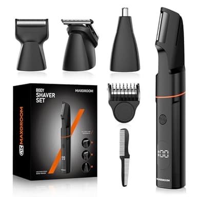 MAXGROOM Afeitadora Corporal Masculina, Set de Depiladora Corporal Hombre, 4 en 1 Maquina Depilar Hombre para Cuerpo, Genitales y Zona Intima, Recortadora en Seco y Húmedo