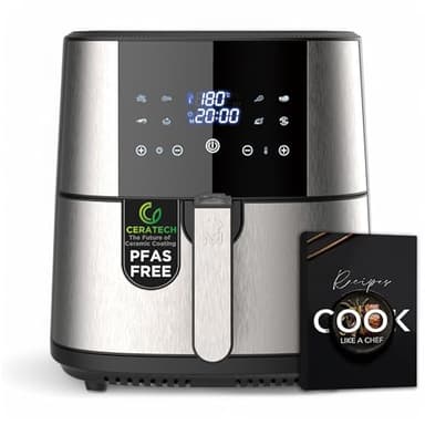 MasterPRO ROCKET 600 - Freidora de aire caliente 6L SIN PFAS 1800W 6L con Revestimiento Cerámico CERATECH - Pantalla táctil LED - Termostato desde 80-200°C - Cesta extraíble - Carcasa Acero Inoxidable