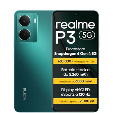 realme P3 5G Smartphone 8+256 GB, Procesador 5G Snapdragon 6 de 4.ª generación, Batería Titan de 5260mAh, Carga rápida de 45W, Pantalla AMOLED de 120 Hz, Brillo máximo de 2000nit, IP69, Green