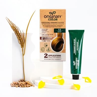 Originary Color - Kit de Coloración Profesional Permanente, Color 7-3 Rubio Medio Dorado 100 ml + Crema Oxidante 100 ml + Champú 30 ml | Fórmula sin amoniaco y sin PPD.