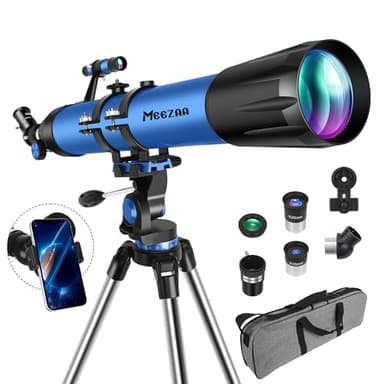 MEEZAA Telescopio, Telescopio Astronómico Profesional para Adultos Niños y Principiantes, 90 mm Apertura 800 mm Telescopios Refractor Portátil con Trípode, Bolsa, Adaptador de Teléfono y Filtro Lunar