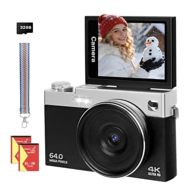 Cámara digital 4K 64MP Cámara de fotos de 3 pulgadas 16X enfoque automático zoom digital portátil cámara digital para Vlog 180° pantalla LCD plegable cámara de fotos 2 baterías 32 GB tarjeta para