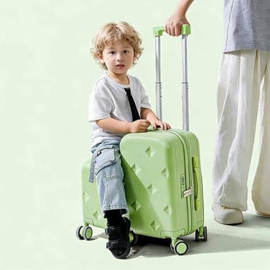 Dalumian Equipaje de mano infantil con asiento para montar — Maleta con ruedas giratorias, ligera, maleta de viaje con ruedas para niños, portavasos, pedal plegable y función cochecito(Green,20")