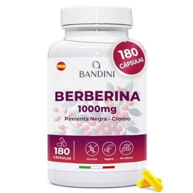 Bandini® Berberina 1000 mg - 180 cápsulas veganas - Con Cromo y Pimienta Negra para una mejor absorción - El mejor extracto concentrado de Berberis Vulgaris - Control de la glucosa y triglicéridos