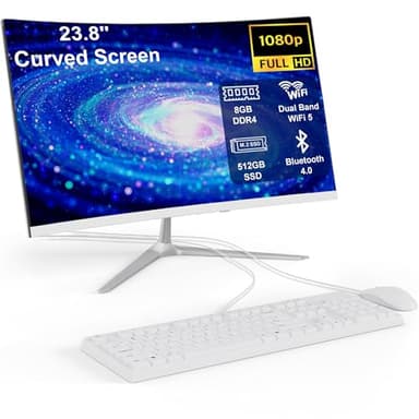 Ordenador Todo en Uno con Pantalla Curva 23.8" Procesador Celeron N100 (Up to 3.4Ghz) 8GB de RAM 512GB SSD Ordenador de Escritorio Todo en Uno Dual-Band WiFi Bluetooth 4.0 Completo con Ratón y Teclado