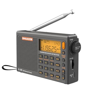 SIHUADON R108 Radio Portatil Pequeña FM Am SW KW MW Banda De Aviación Radio Multibanda con Altavoz Excelente VisualizacióN del Tiempo De RecepcióN RetroiluminacióN De La Radio Digital Gris