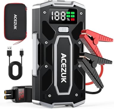 ACEZUK Arrancador de Coches 6000A, Arrancadores de Bateria de Coche Portátil(hasta 8.0L de diésel o 10.0L de Gasolina), 12V Jump Starter, Pinzas Inteligentes con Pantalla, Luz LED, Puerto QC3.0
