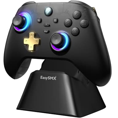 EasySMX D05 Mando PC Inalambrico con Base de Carga - RGB Luz - Hall Joystick - Hall Trigger, Gamepad con 1000 mAh Batería Recargable- Vibración - Turbo- para PC/Switch/Móvil - Negro