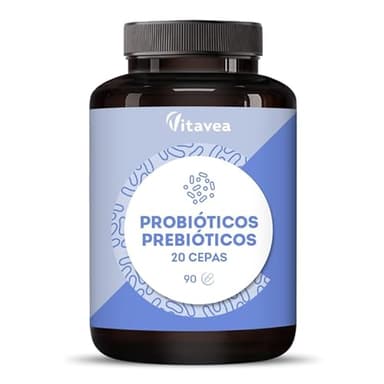 Probióticos y Prebióticos intestinales – Máxima Concentración 20 Cepas + Inulina de Achicoria – 20 Mil Millones UFC– Flora Intestinal y Bienestar Digestivo – 90 Cápsulas Veganas – Vitavea