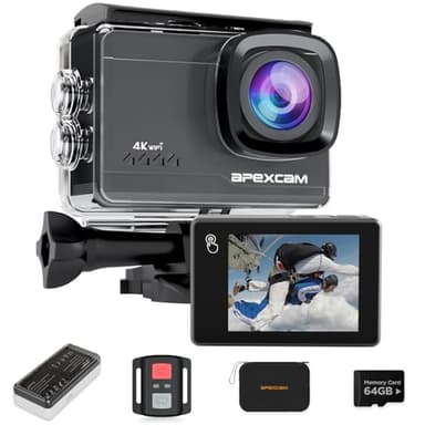 Apexcam M90 cámara Deportiva 4K/64MP con 64G Tarjeta cámara acción EIS con Pantalla táctil WiFi 8X Zoon cámara Sumergible subacuática 40M y Mando a Distancia con Dos 1350*baterías y Otros Accesorios
