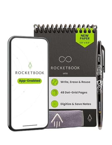 Rocketbook Mini bloc de notas inteligente reutilizable, cuaderno de tamaño de bolsillo de 3.5 x 5.5 pulgadas, color negro, páginas punteadas, conectado a la aplicación, borrable, ideal para tomar