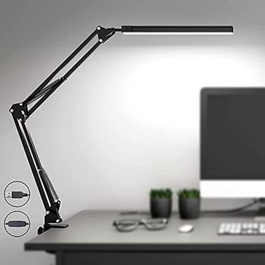 SKYLEO Lámpara Escritorio LED - Flexo LED Escritorio Potente con clip - Protección ocular Lampara - 3 modos de luz X 10 niveles de brillo - Negro