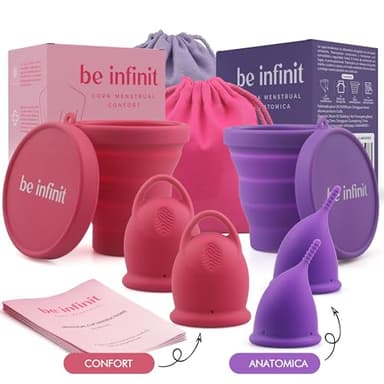 Copa menstrual-BE INFINIT un modelo para cada estilo-tus días relajados-tus días de exigencias, Ideal deportistas-2 copas+vaso esterilizador+bolsa portable-2 modelos-SILICONA GRADO MEDICO-CONFORT L
