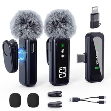 YEJATA - Micrófono inalámbrico con pantalla digital de batería, cancelación de ruido omnidireccional de 360°, alcance de 30 m, pinza giratoria, para iPhone 15/16, Android, PC, iPad y tableta