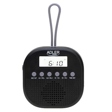Adler Radio de Baño Digital AD 1912, IPX4 Impermeable, FM 87.5-108 MHz, Pantalla LCD, Función Alarma Dual, Función de repetición, Gancho de Silicona Flexible, Negro