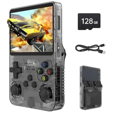R36s Pro Retro Handheld Game Console, 3.5in IPS, 128GB Retro Gaming Console with 30000+ Classic Games, Rechargeable Battery, Linux System, 20+ Mainstream Emulators (Translucent Black)